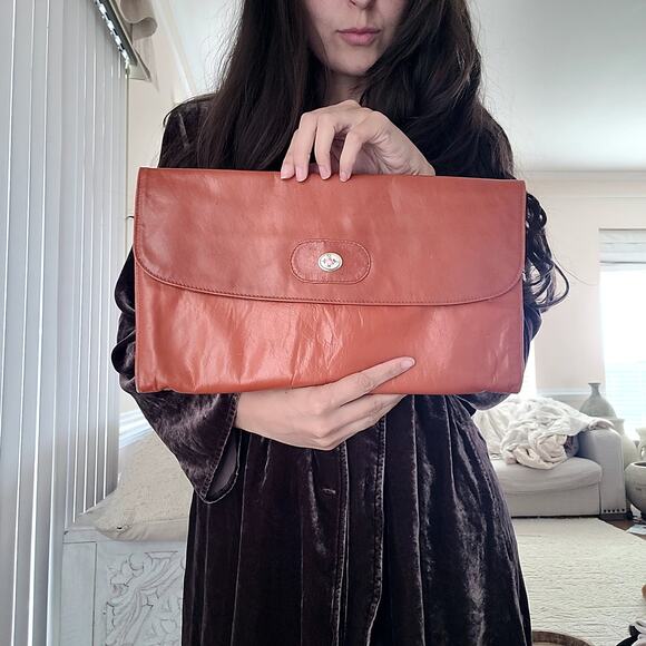 Vtg Leather Clutch Orange With Embellished Flower - Picture 2 of 8